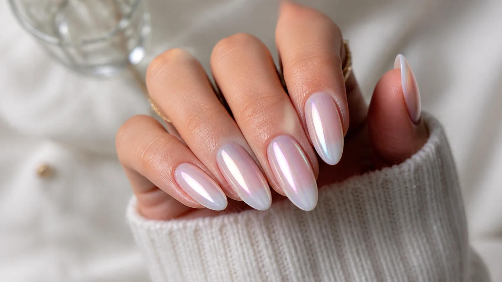 Almond nails with a pearl aurora white chrome shifting pink and blue