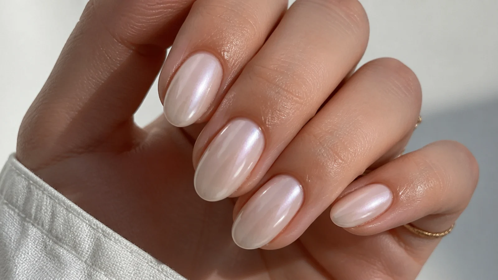 Short almond nails in sheer milky white chrome with a pearl glow