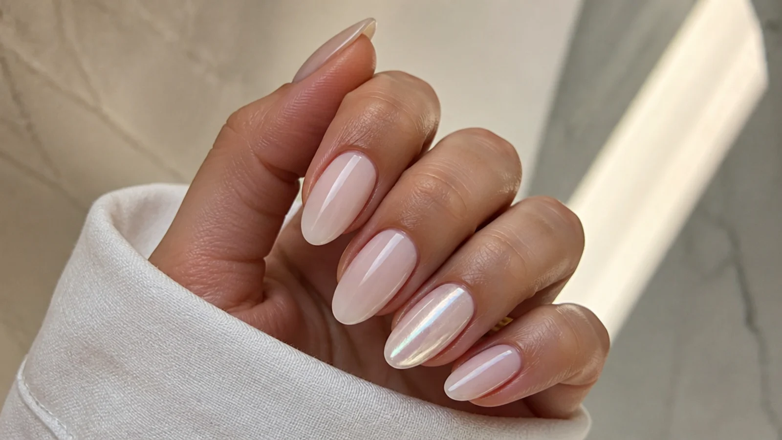 Milky almond nails with one pearl white chrome accent nail