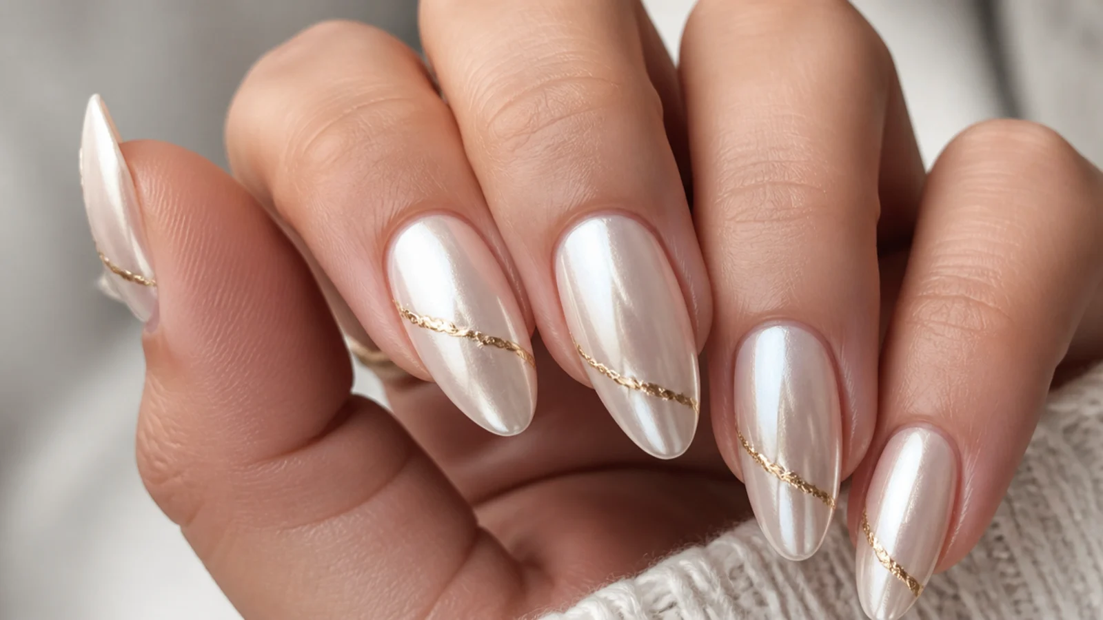 Pearl white chrome almond nails with a thin gold foil accent line