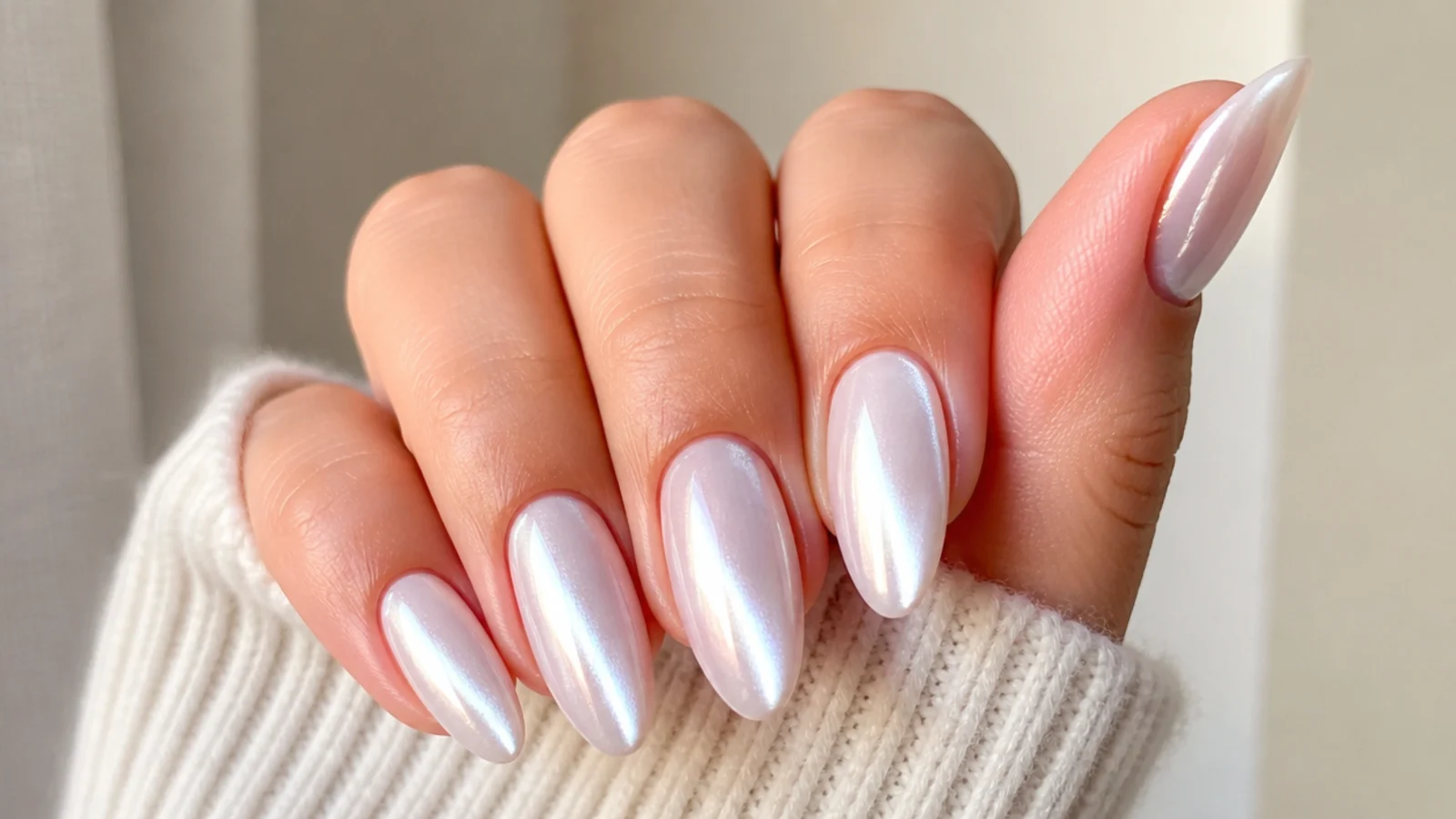 Almond nails with a pearl white cat-eye chrome light strip