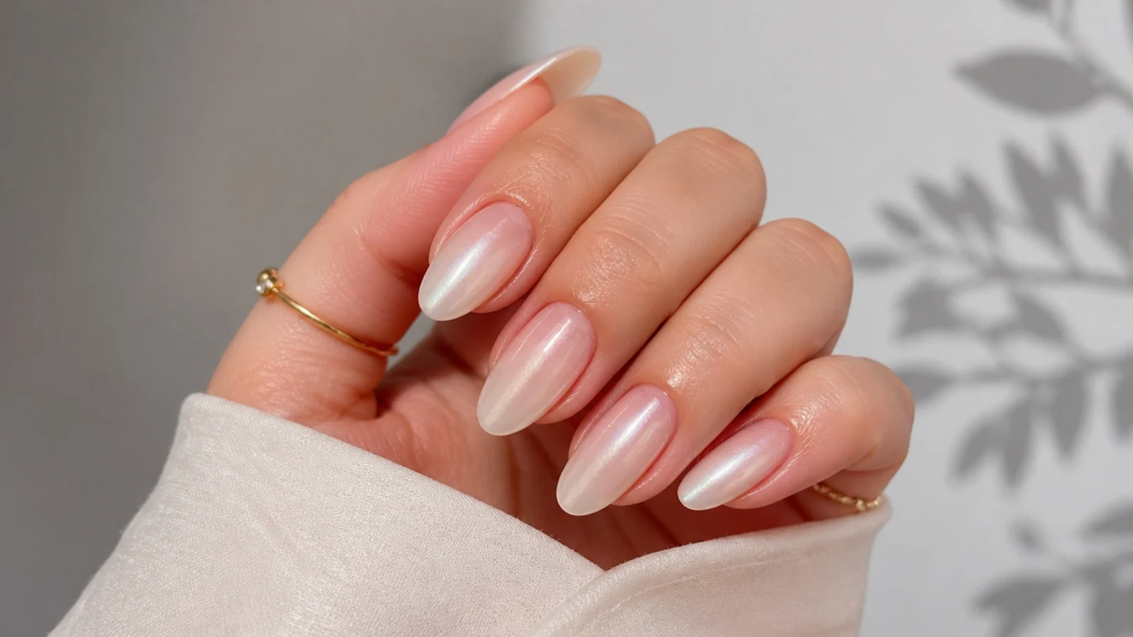 Almond nails fading from nude to pearl white chrome at the tips