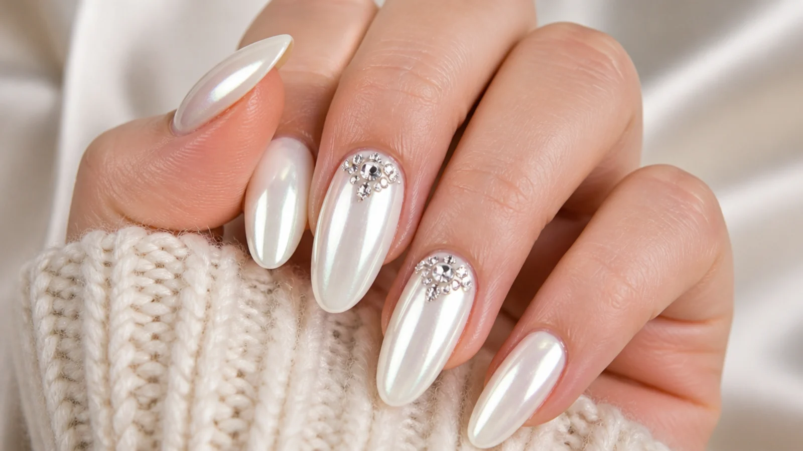 Pearl white chrome almond nails with a cluster of clear rhinestones