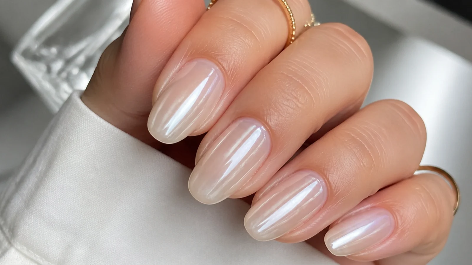 Sheer milky nail with a pearl chrome glazed-donut sheen close up