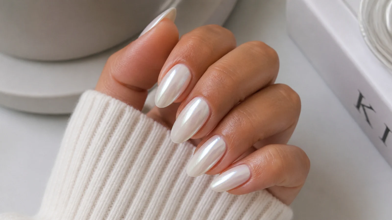 Glossy white chrome almond nails with a pearl glazed-donut glow on a milky base