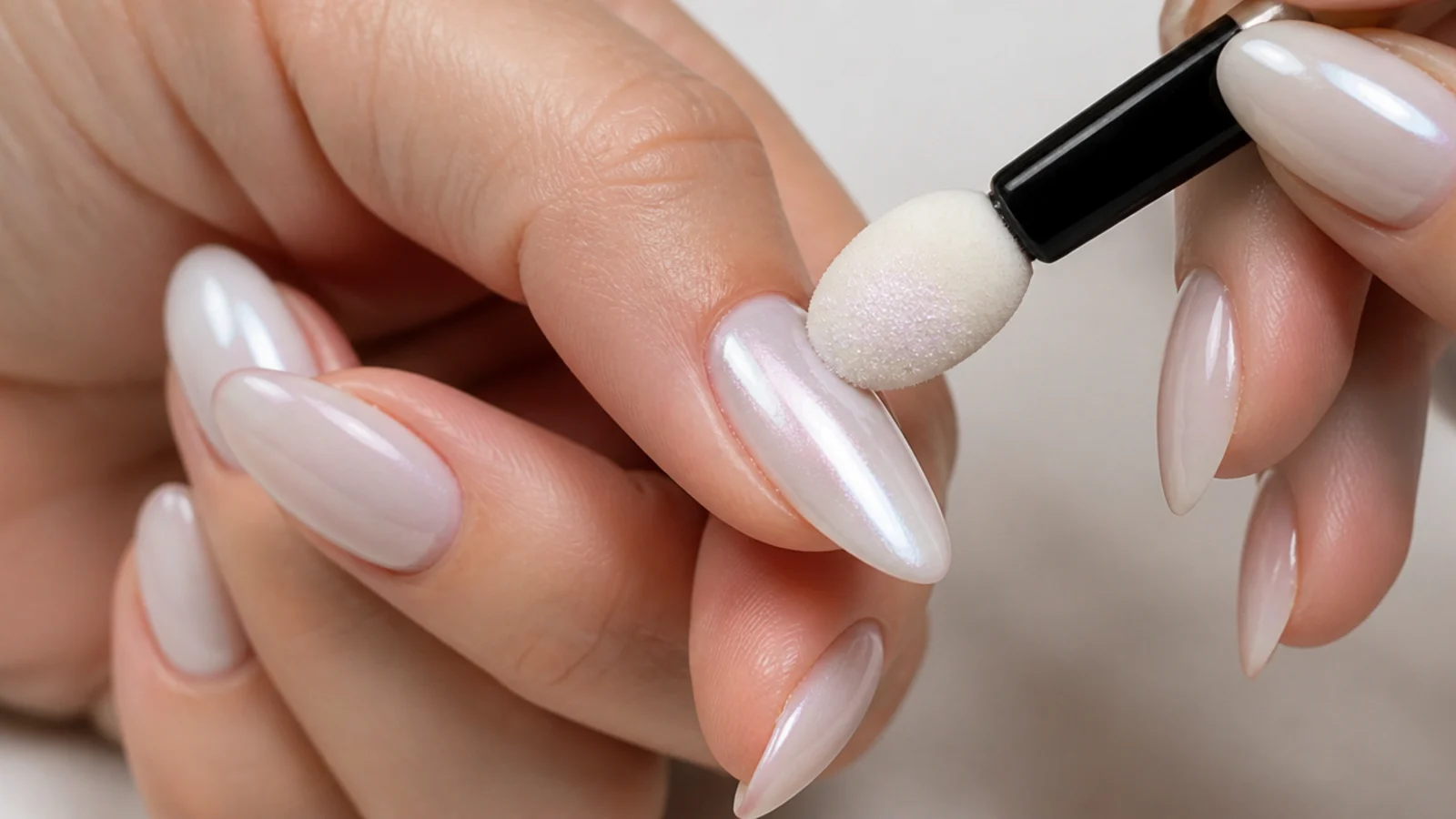 Chrome powder being buffed over a milky white gel almond nail