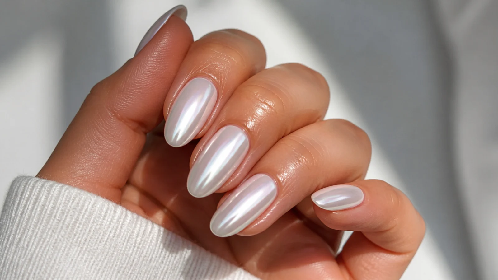 A sealed pearl white chrome almond manicure with cuticle oil