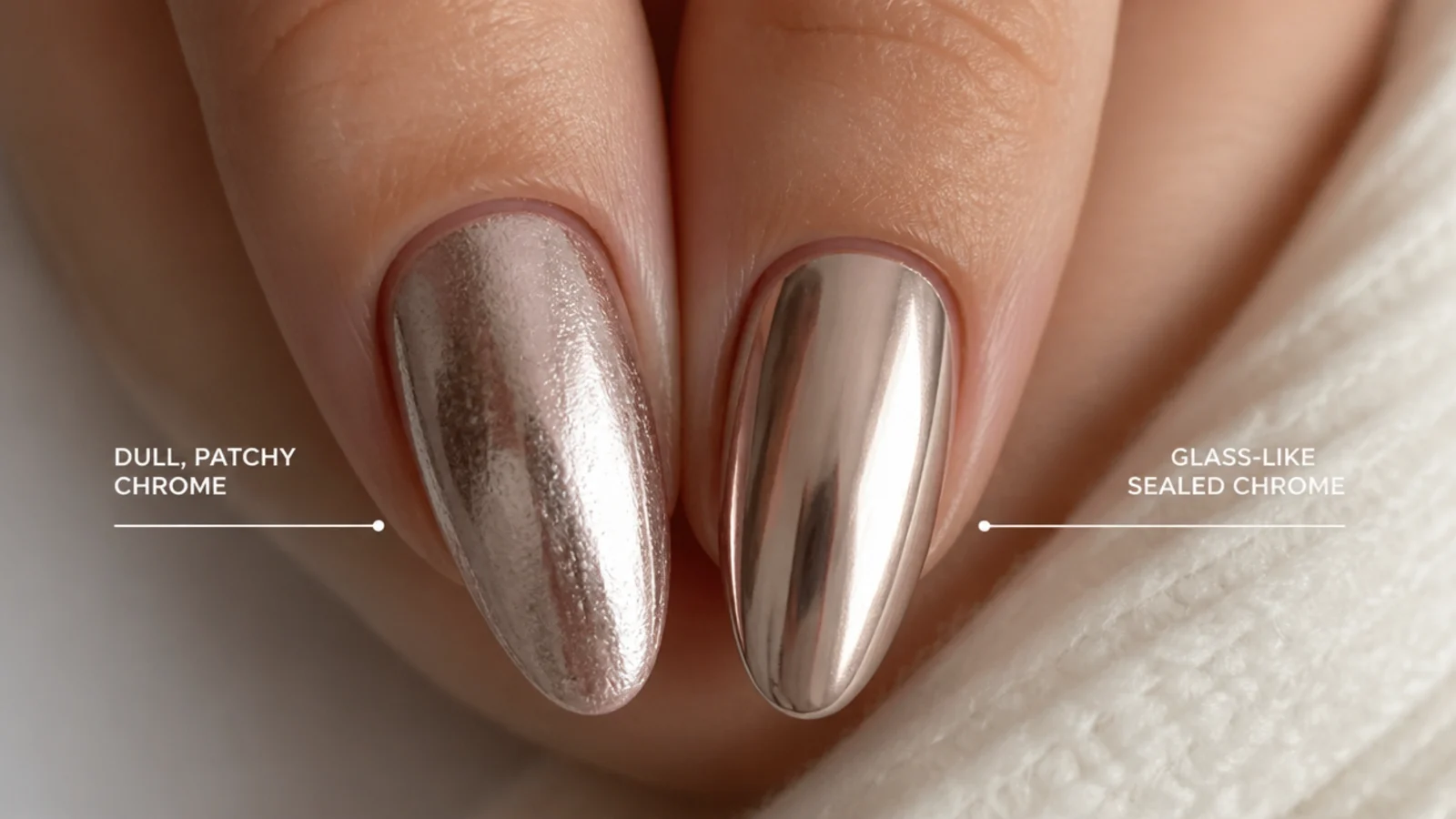 A dull patchy chrome nail beside a glassy sealed chrome nail