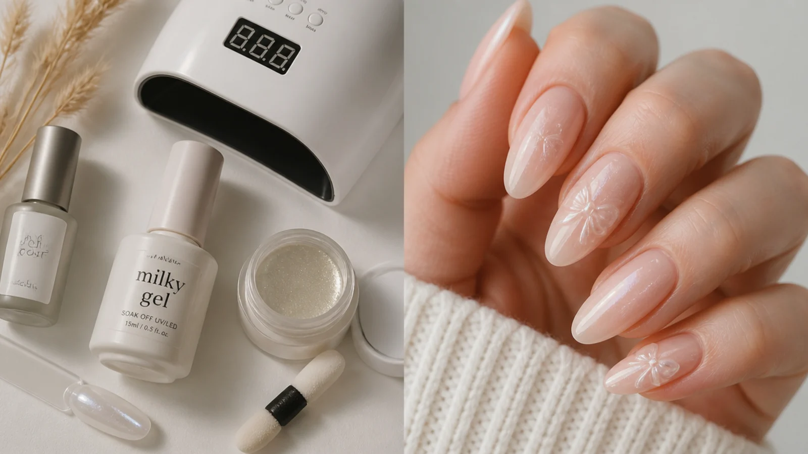 Flat lay of milky gel, chrome powder, lamp, applicator and top coat