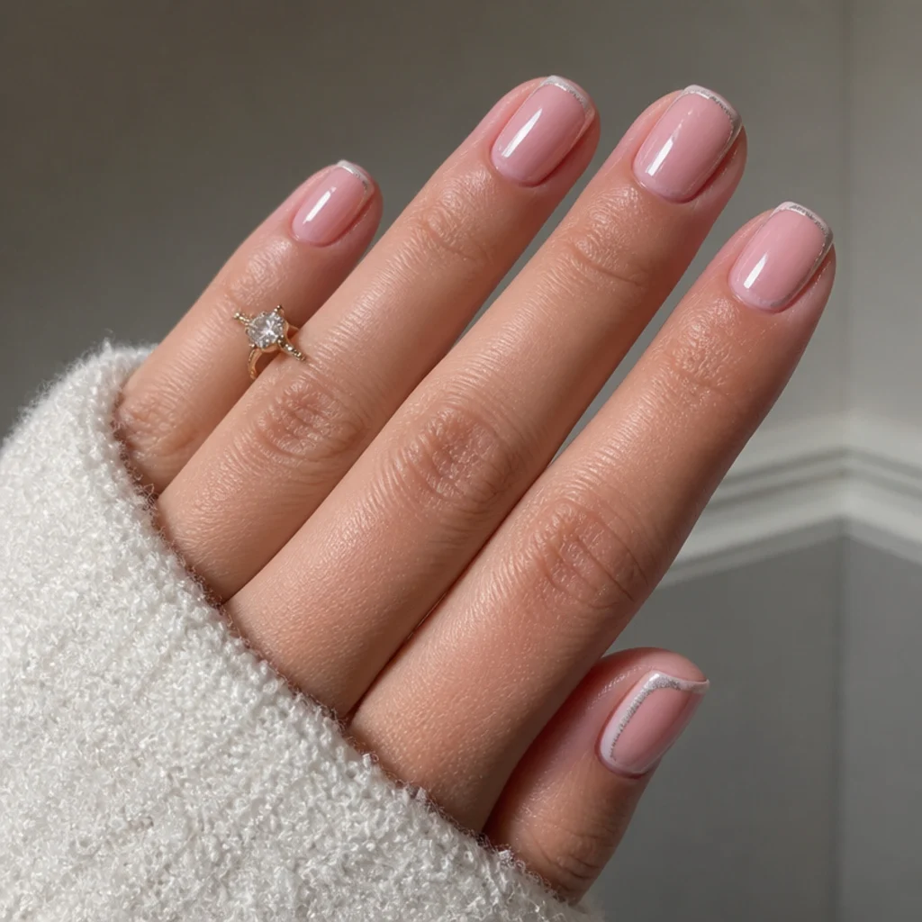 Short squoval nails with a neat pearl chrome french tip and glazed finish