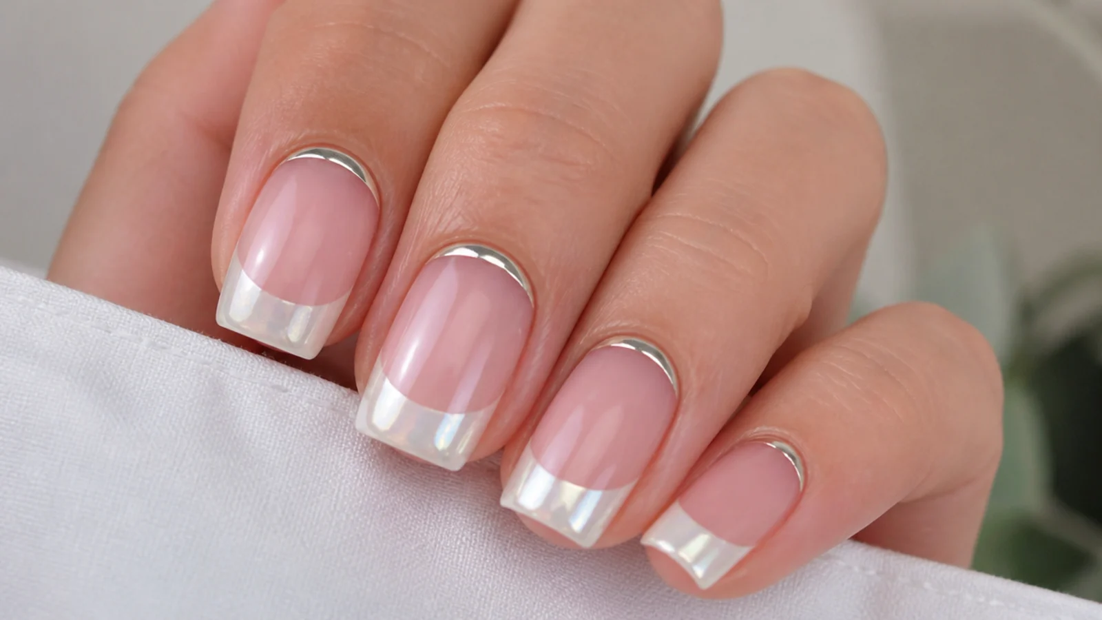 Square nails with a pearl chrome tip and a thin chrome line at the cuticle