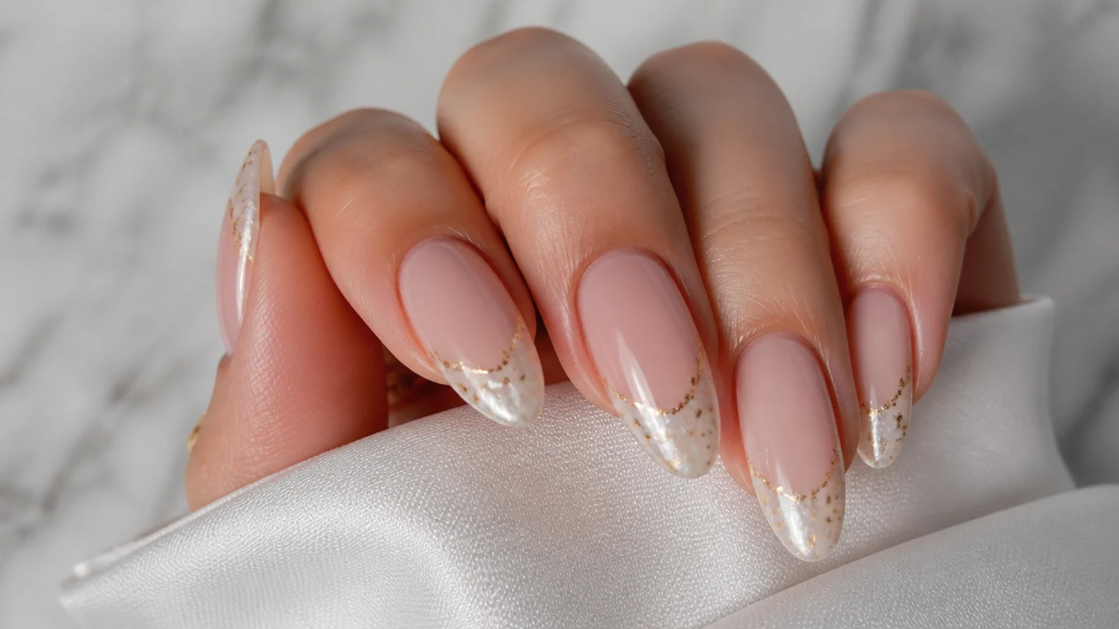 Almond nails with a pearl chrome french tip scattered with fine gold flecks