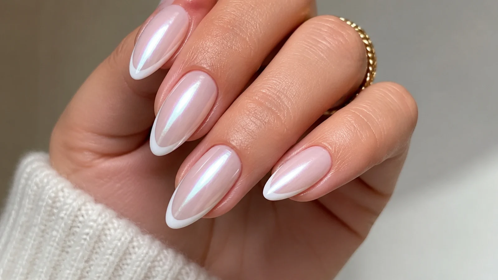 Milky white chrome french tip nails with a glazed pearl glow on almond nails