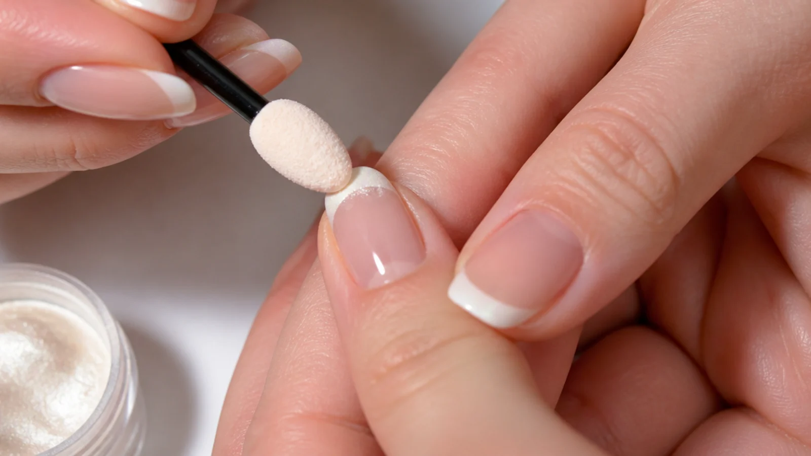 A hand rubbing pearl chrome powder onto a french tip over gel top coat