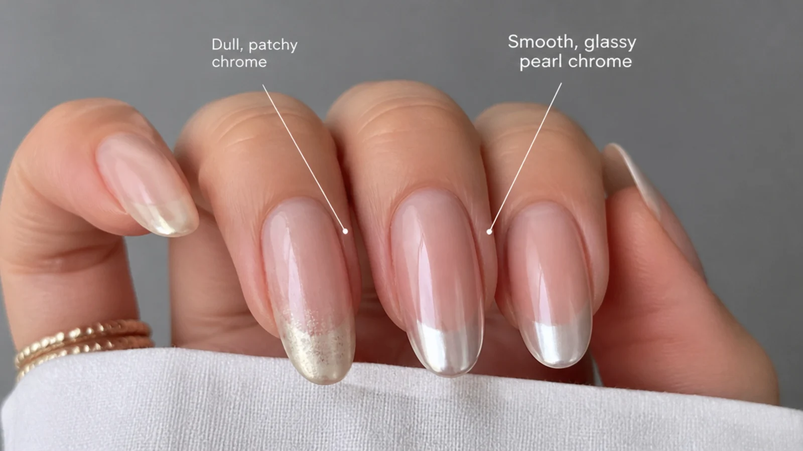 A dull, patchy chrome tip next to a smooth glassy pearl chrome tip