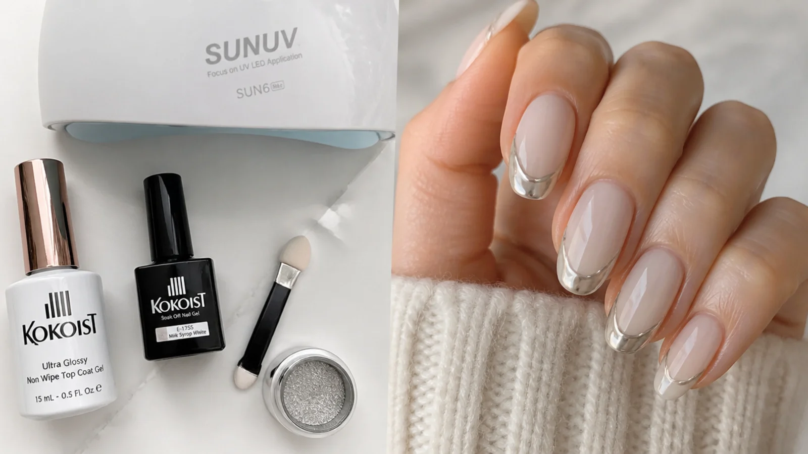 Flat lay of gel base, milky white gel, chrome powder, applicator and lamp