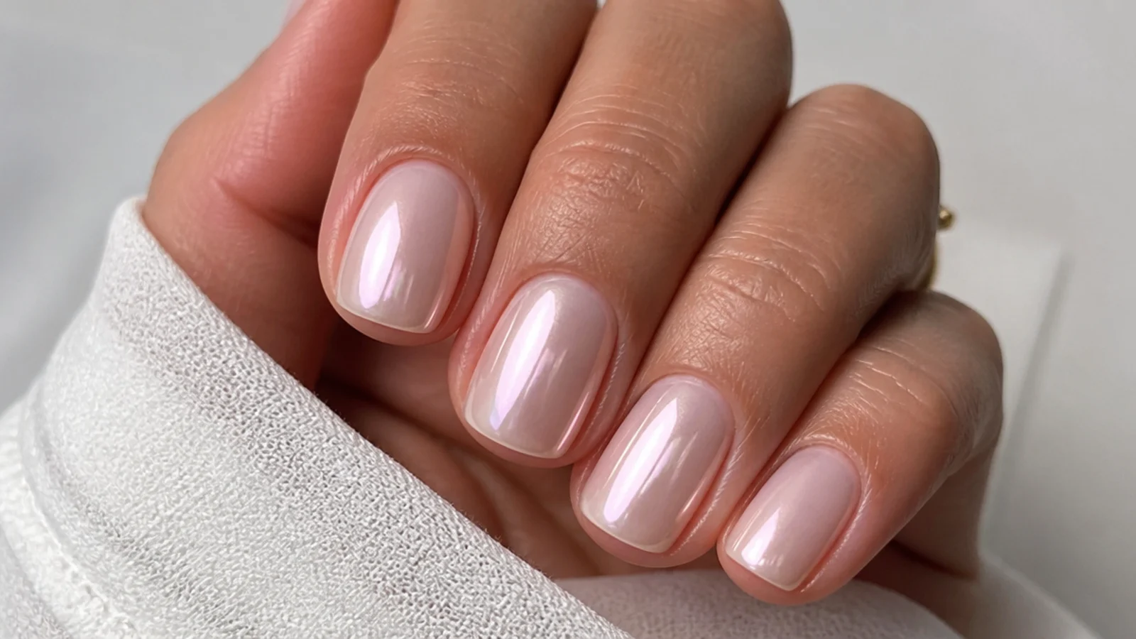 Short natural nails with a sheer white chrome glazed finish