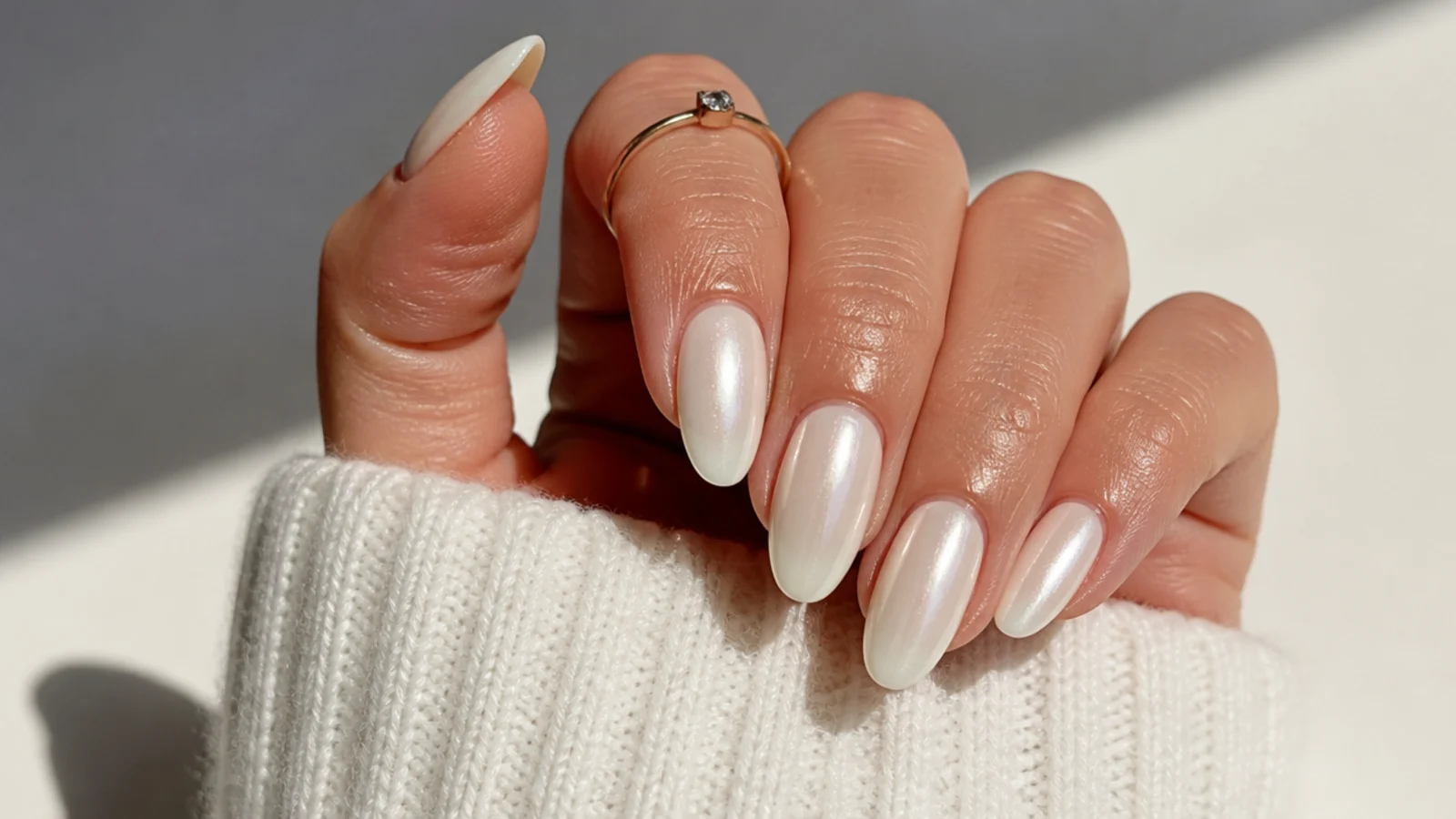 Warm off-white cream chrome nails with a soft pearl sheen