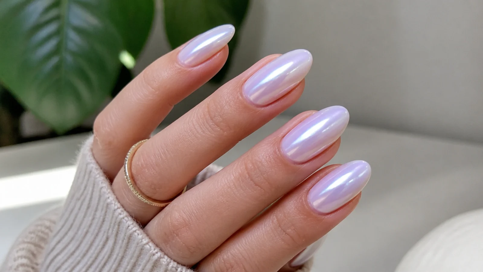 Milky white chrome nails with a soft lavender pearl color shift
