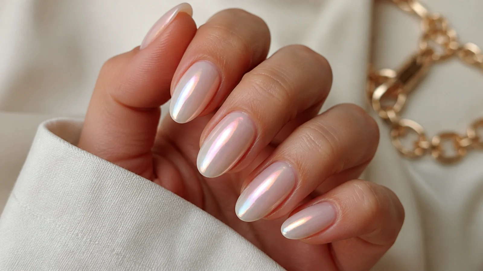 Milky white chrome nails with a warm rose-pink pearl glow