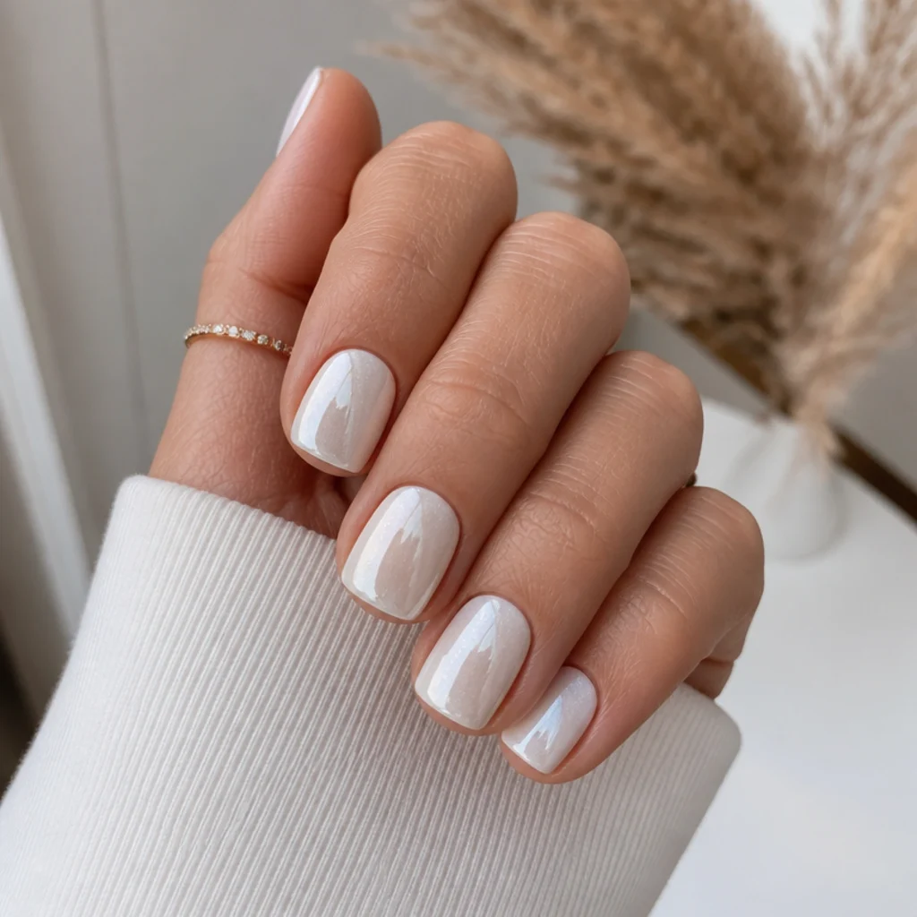 Short square nails with a clean milky white chrome finish