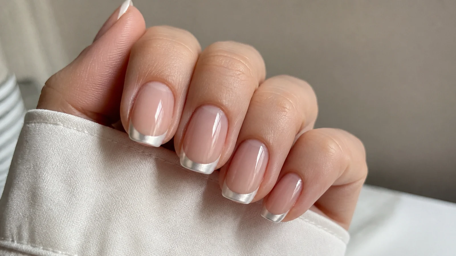 Bare-look nails with only white chrome buffed onto the tips