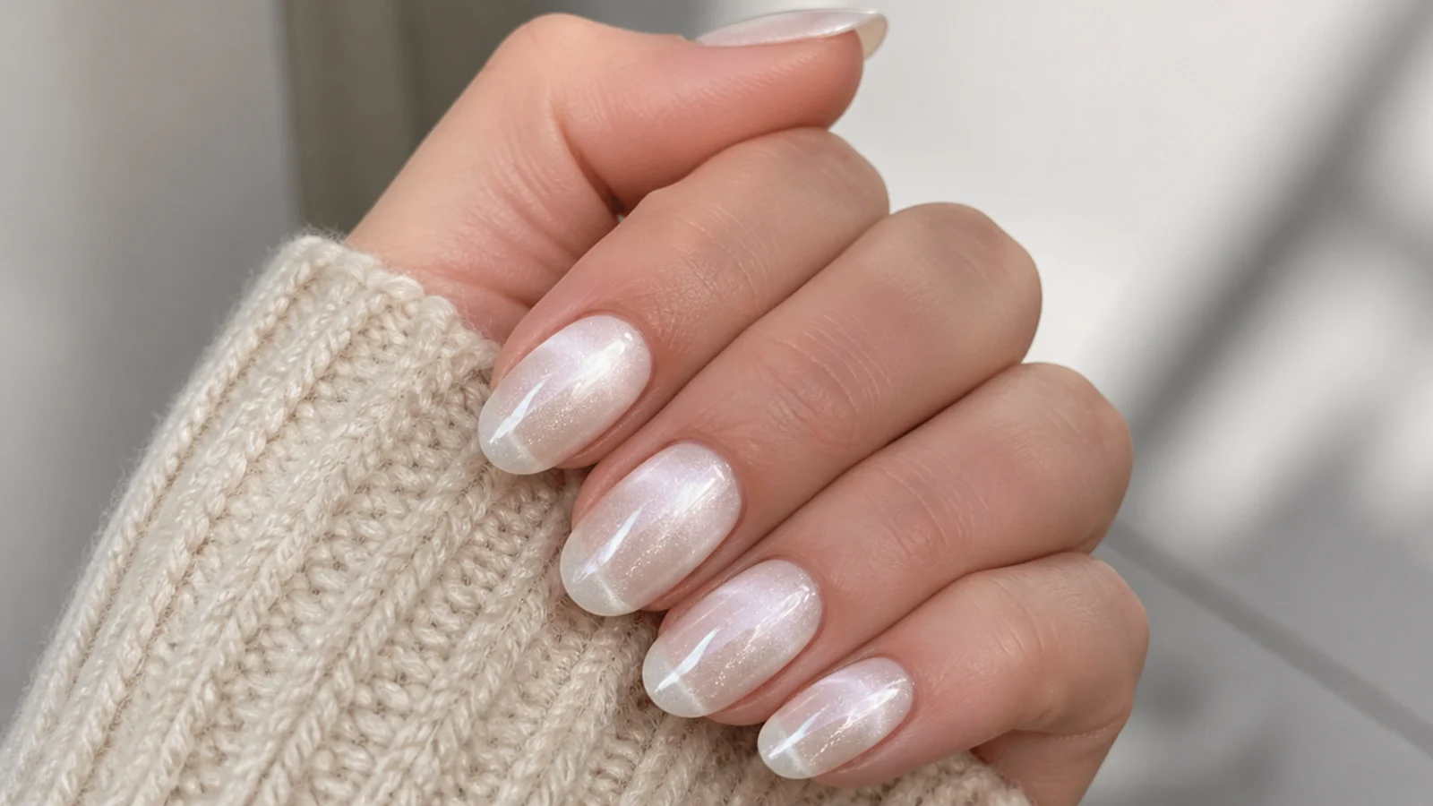 Milky white nails with a magnetic cat-eye chrome light strip