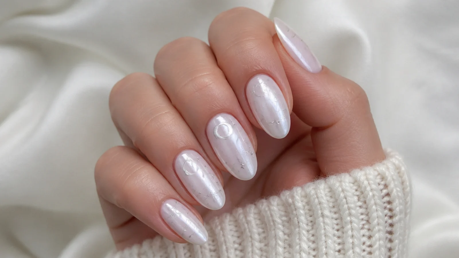 Milky white chrome nails with tiny silver star and moon decals