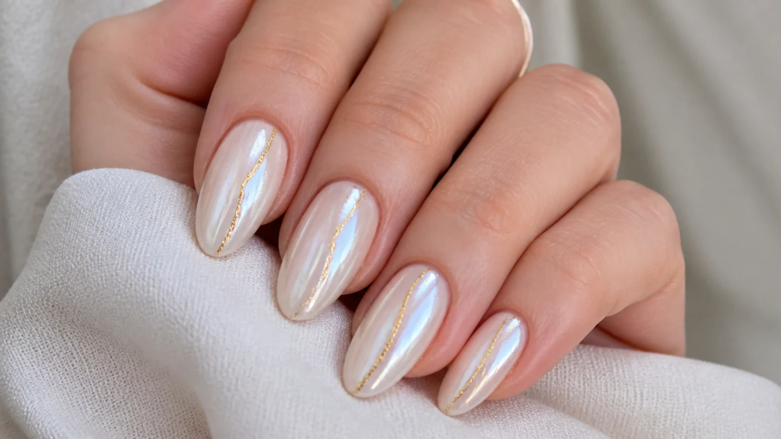 Milky white chrome nails with a thin gold foil line accent