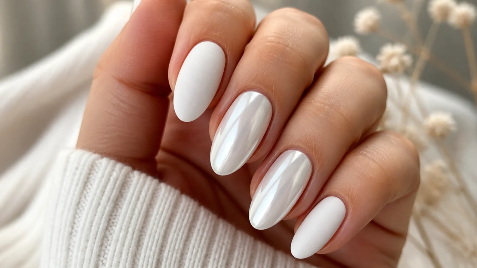 White nails alternating matte white and glossy white chrome finish
