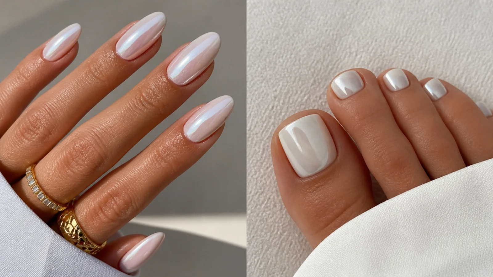 Milky white chrome pedicure on toes with a soft pearl sheen