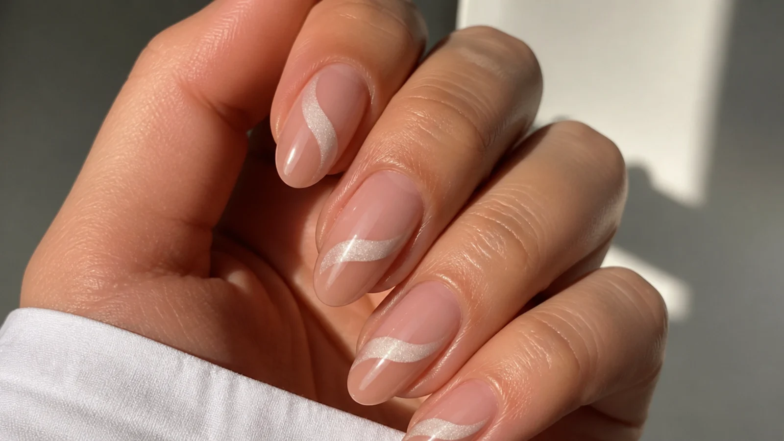 Clear nails with a curved band of white chrome and bare negative space