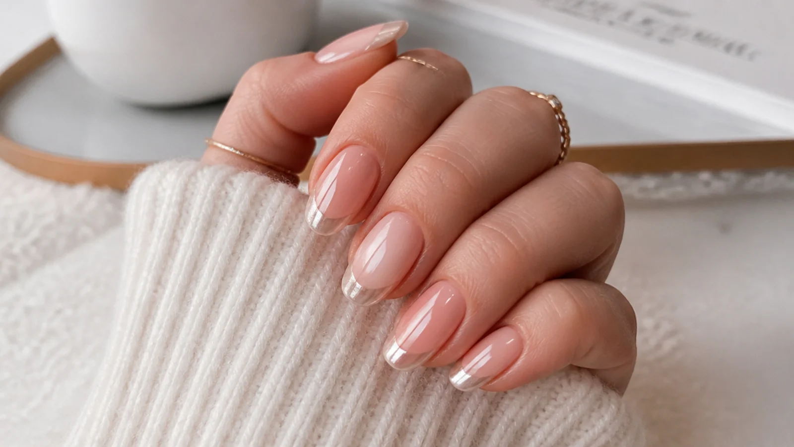 Sheer pink nails with pearl white chrome French tips