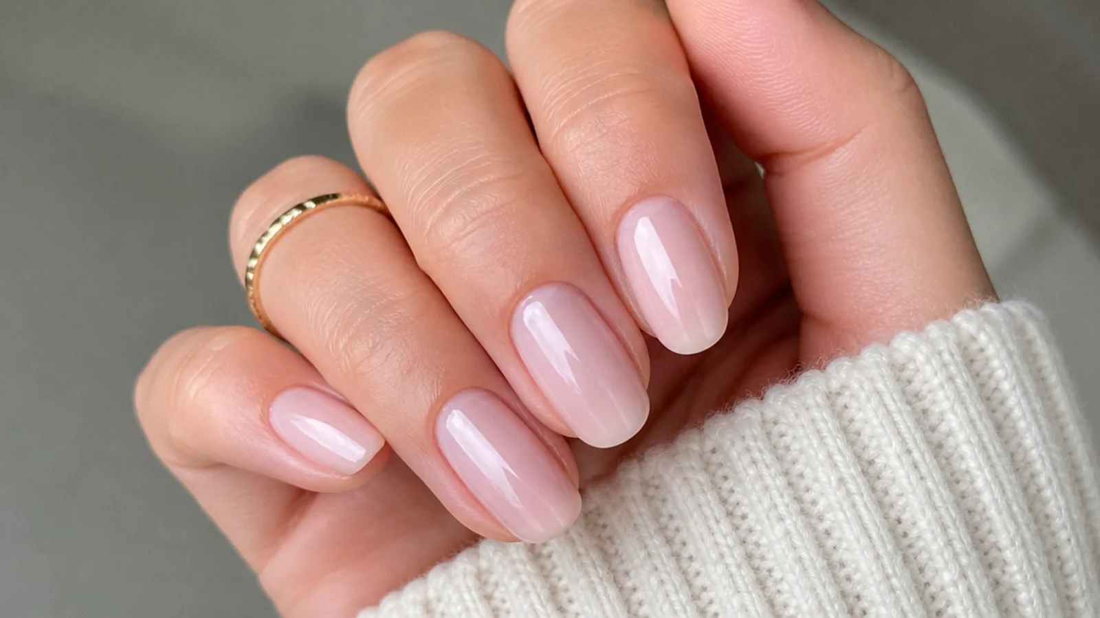 Sheer milky glazed donut nails with a wet pearl shine