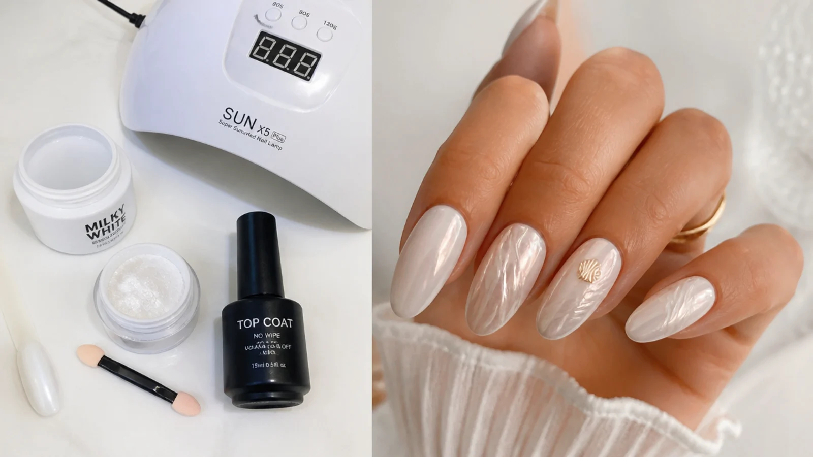 Flat lay of milky gel, chrome powder, applicator, lamp and no-wipe top coat