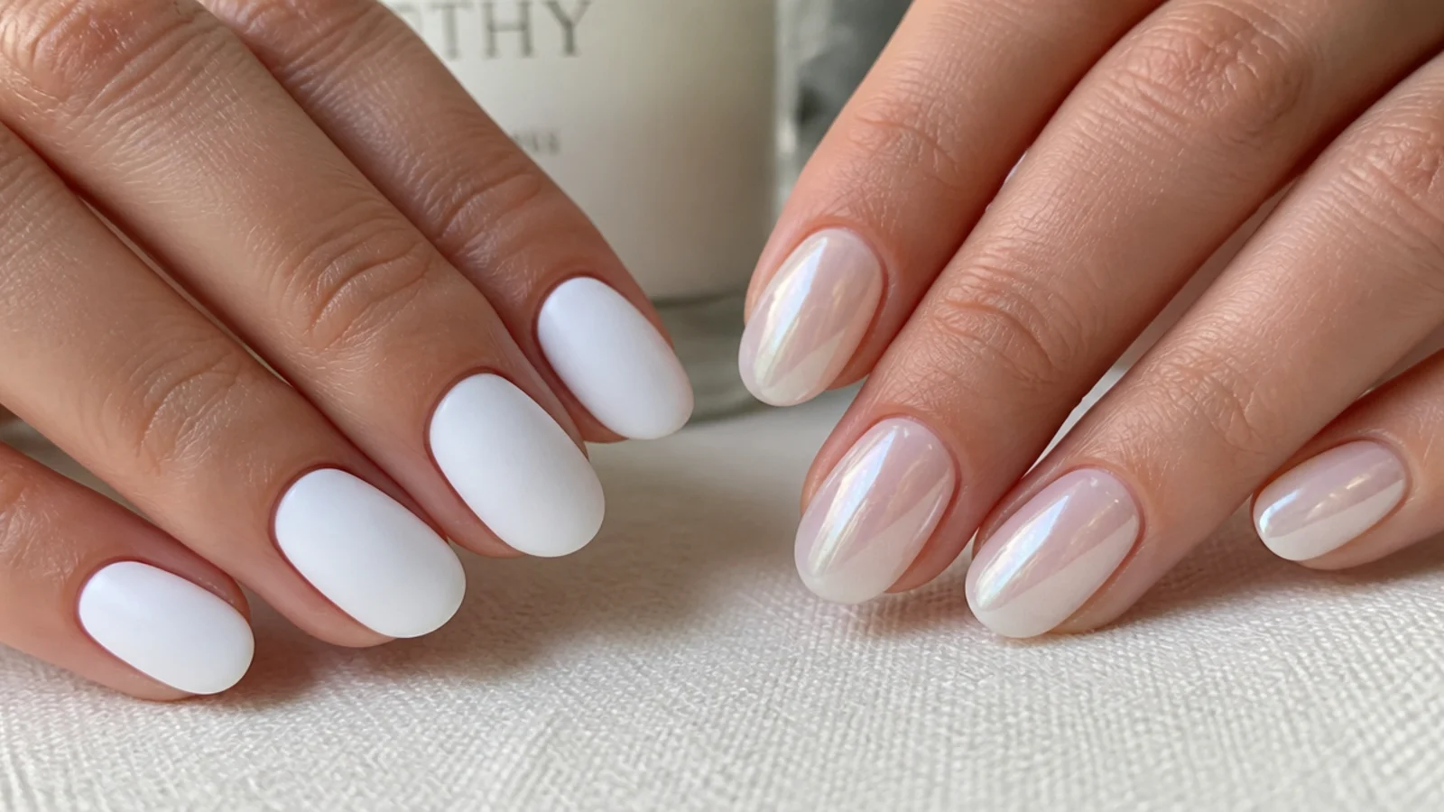 Chalky flat white chrome nails beside a glassy milky pearl set for comparison