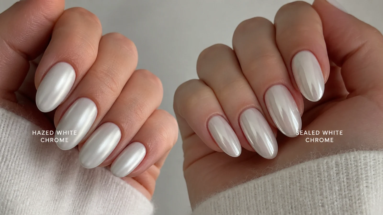 One dull hazed white chrome hand next to a glassy sealed white chrome hand