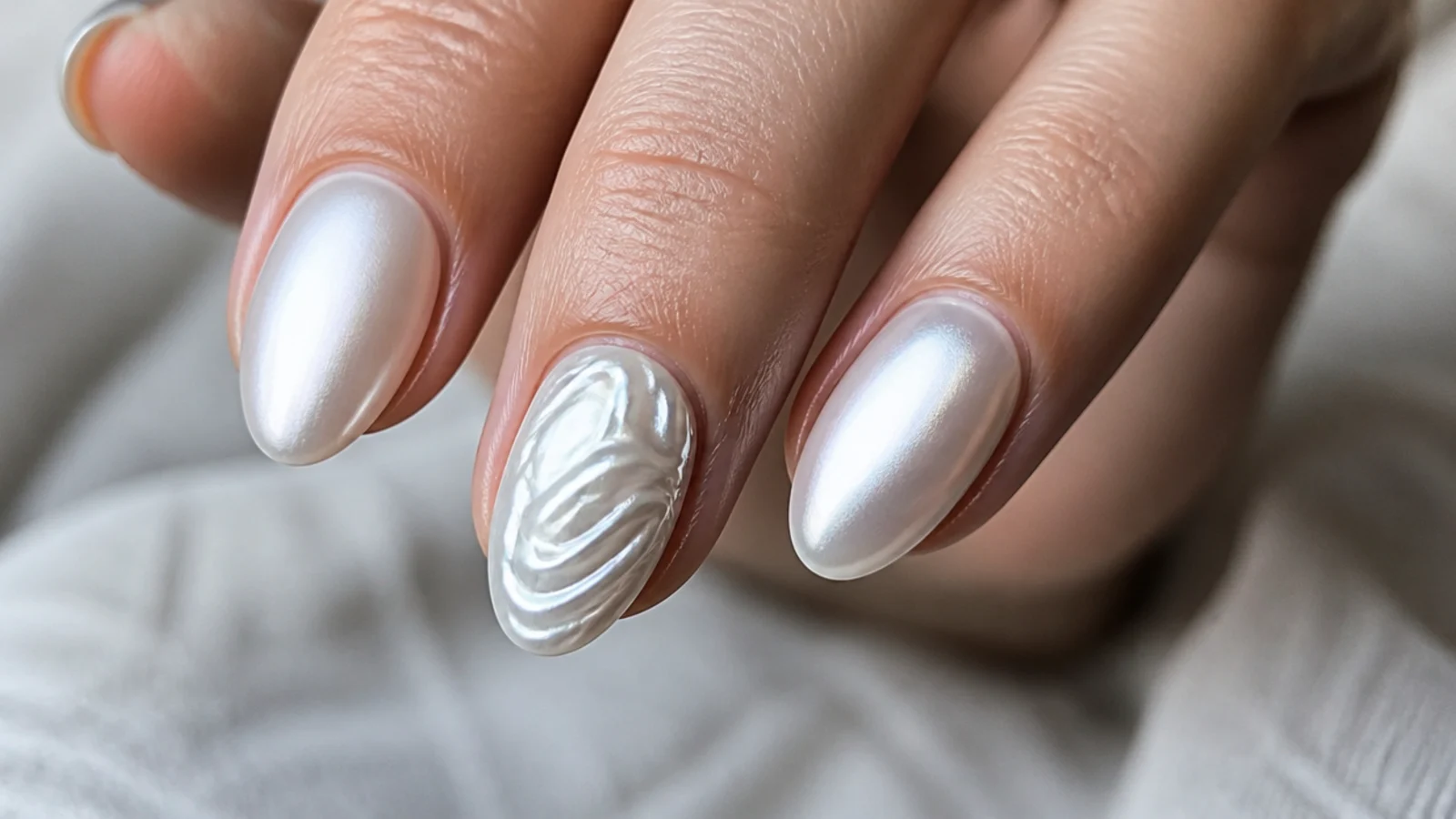 Muddy wrinkled white chrome that sank into soft under-cured gel on a nail