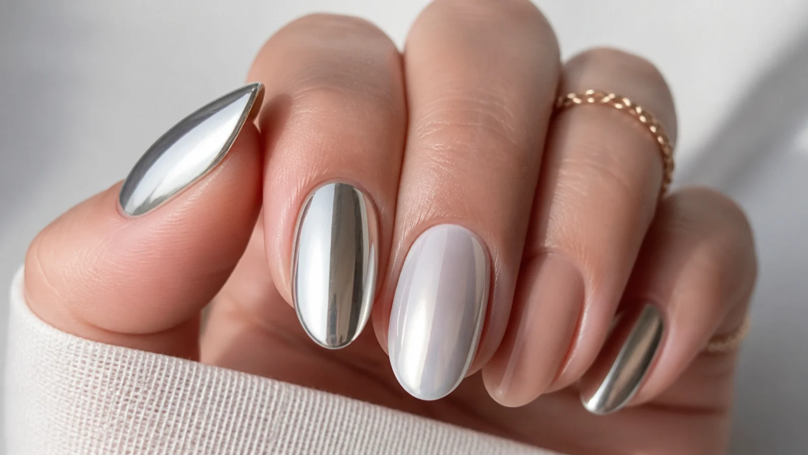 Harsh silver mirror nail beside a soft milky pearl white chrome nail