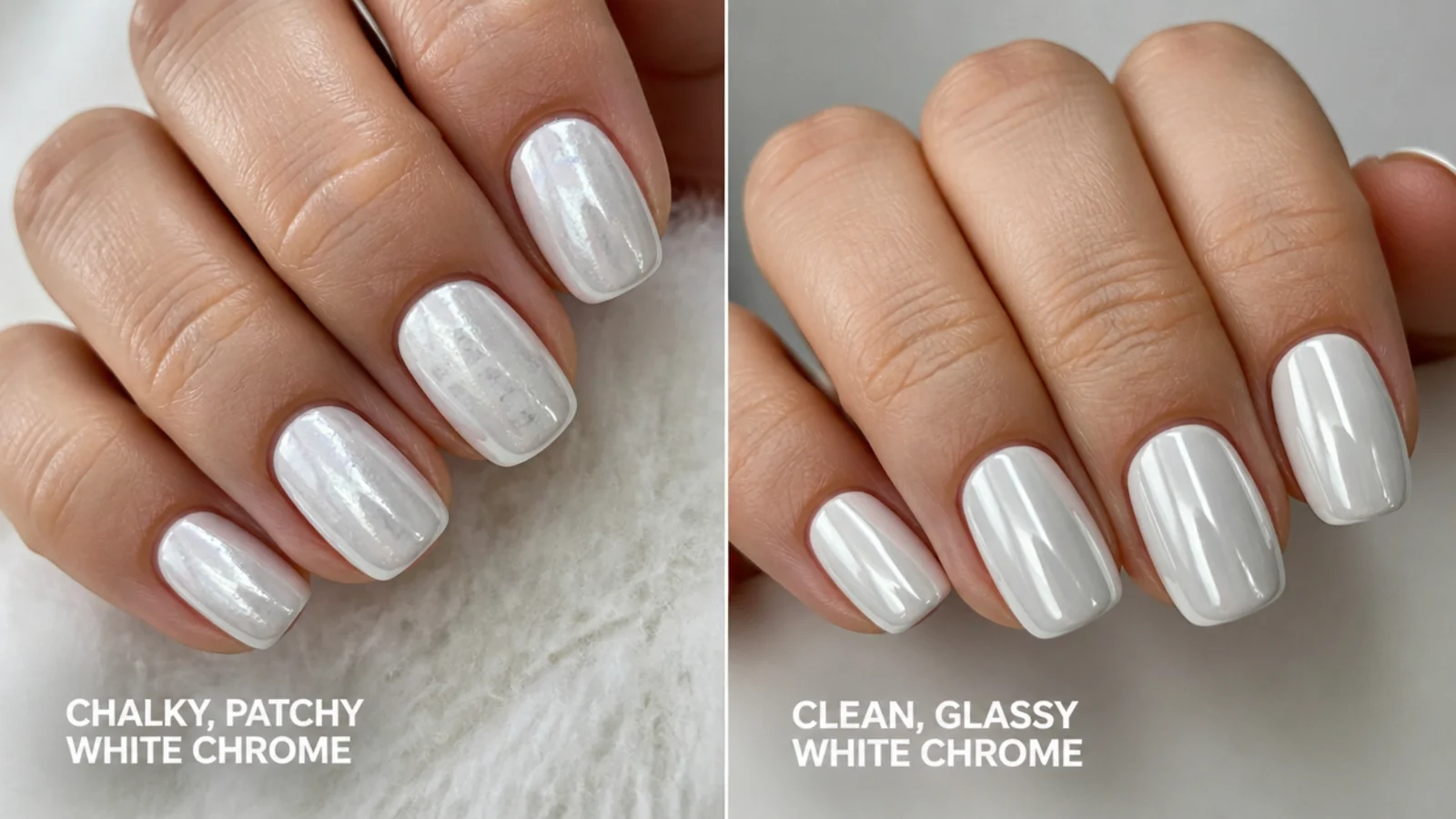 Chalky, patchy and dull white chrome nails compared with a clean glassy set