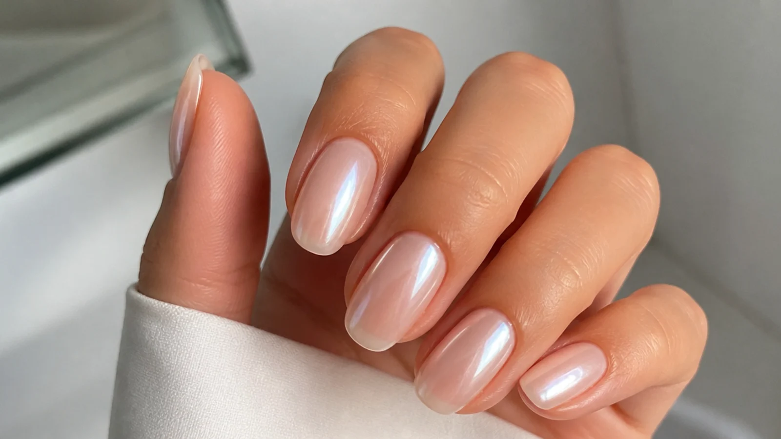 Sheer milky base dusted with soft pearl chrome for a wet glazed-donut sheen
