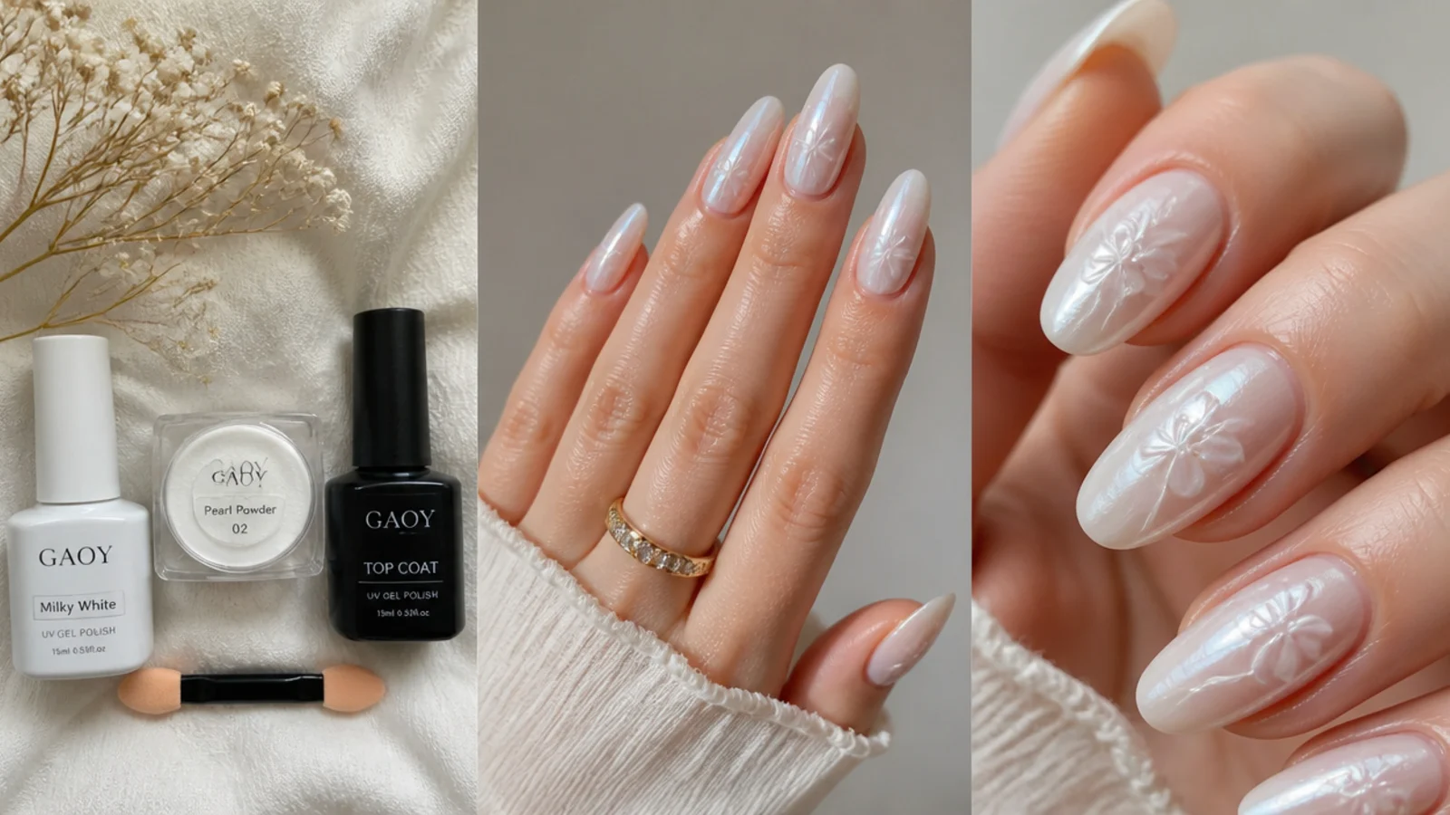 Milky gel base, no-wipe top coat, pearl powder and applicator laid out in order