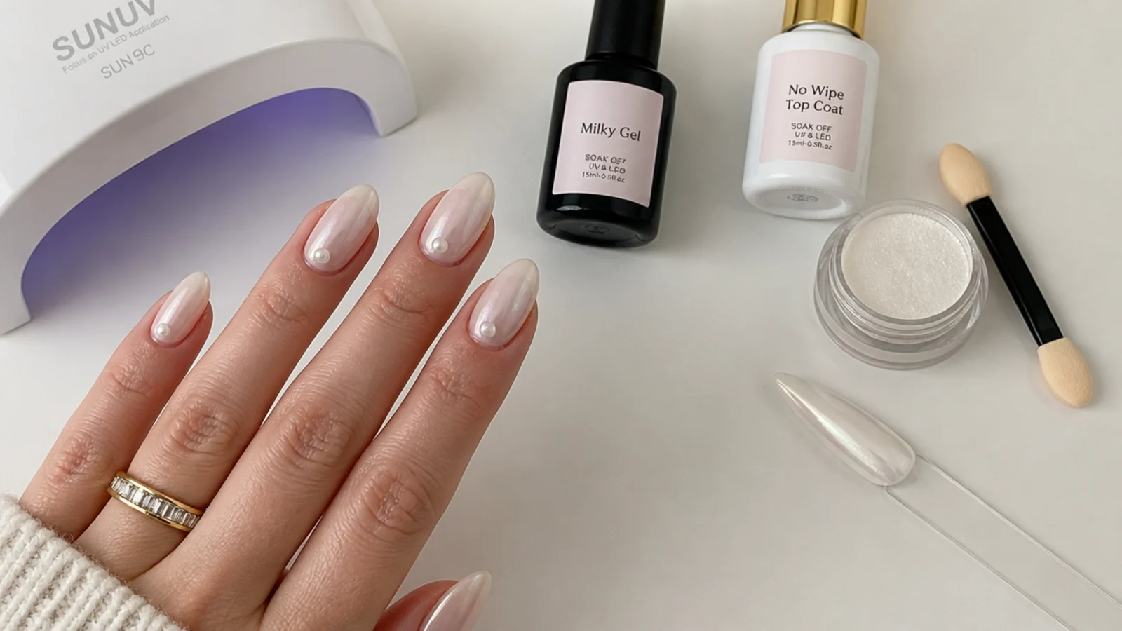 Flat lay of milky gel, no-wipe top coat, pearl chrome powder, lamp and applicator