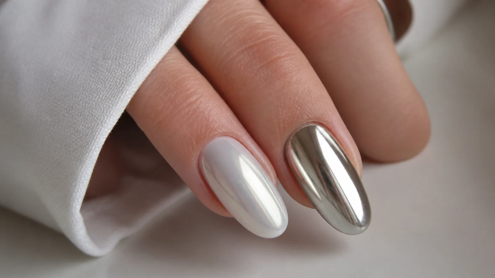 Soft milky pearl white chrome nail next to a bright reflective silver mirror nail