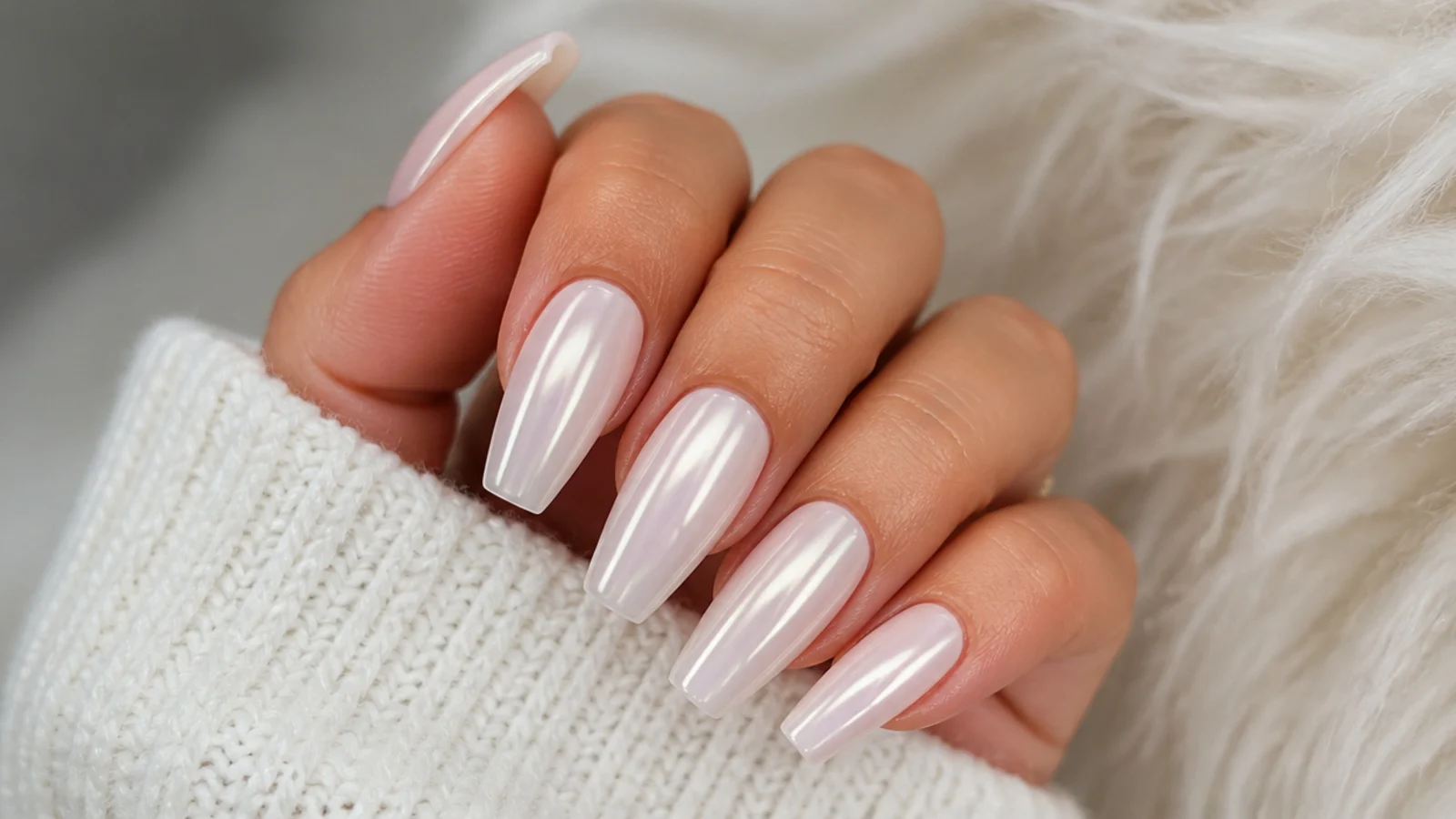 Opaque milky-white pearl chrome nails on a coffin shape