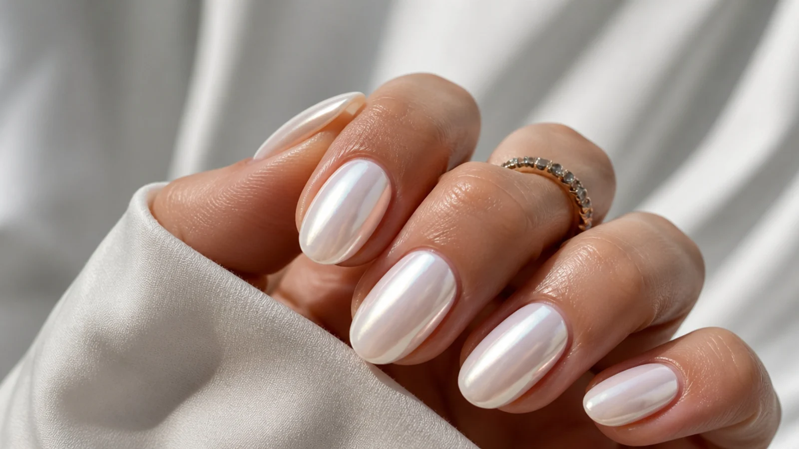 Warm ivory white chrome nails with a soft pearl glow on an oval shape