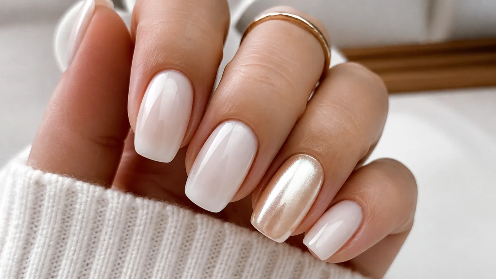 Milky white nails with one pearl white chrome accent ring finger nail
