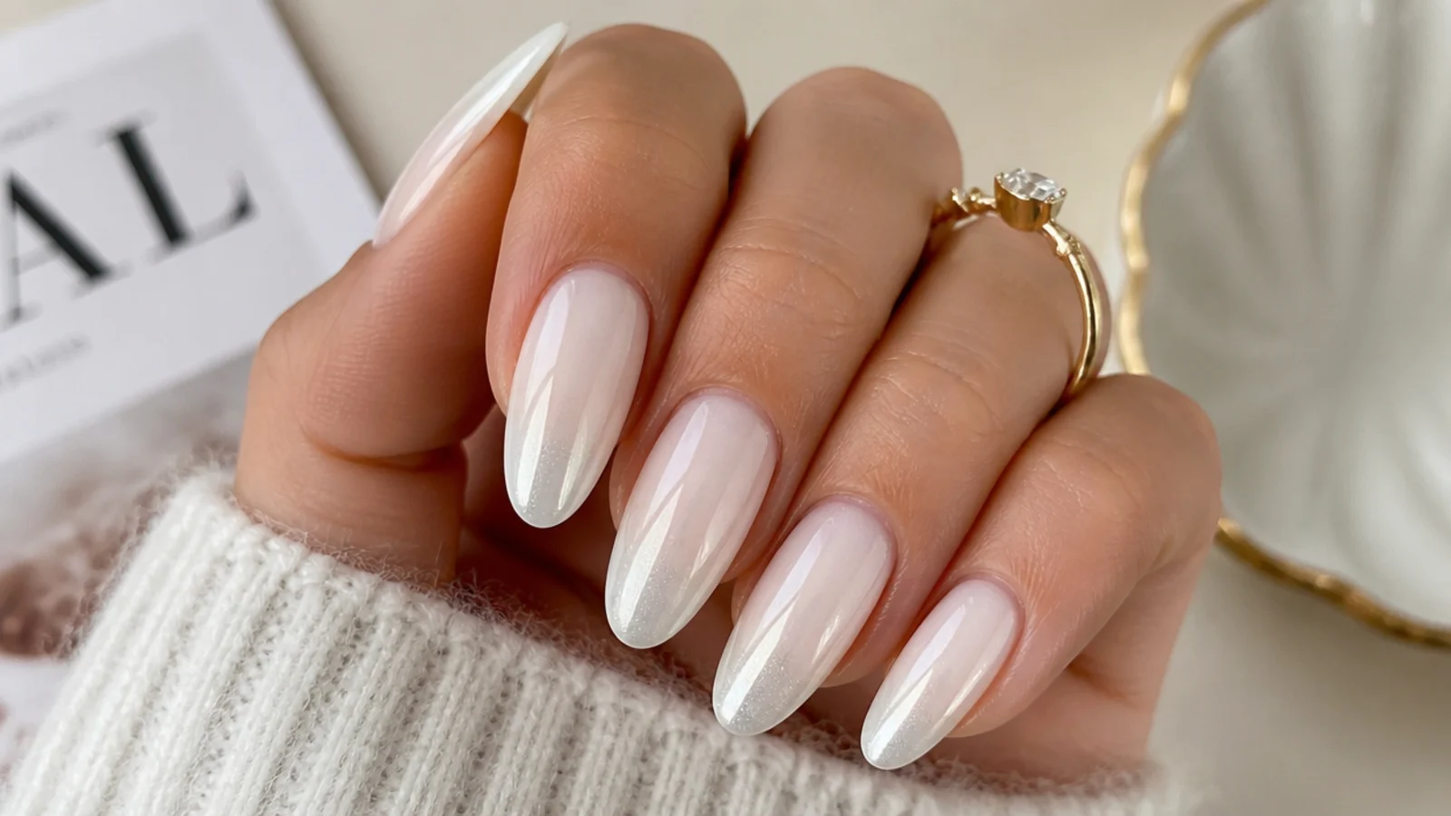 White chrome ombre nails fading from milky base to pearl chrome tip