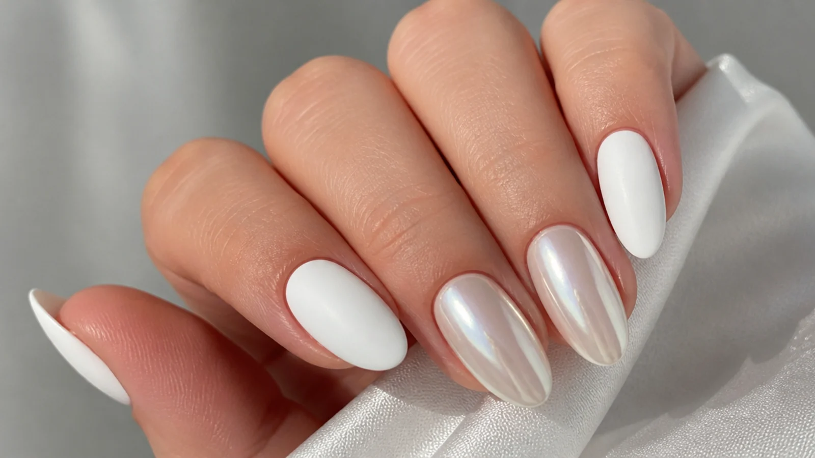 White nails alternating matte white and glossy pearl chrome finishes