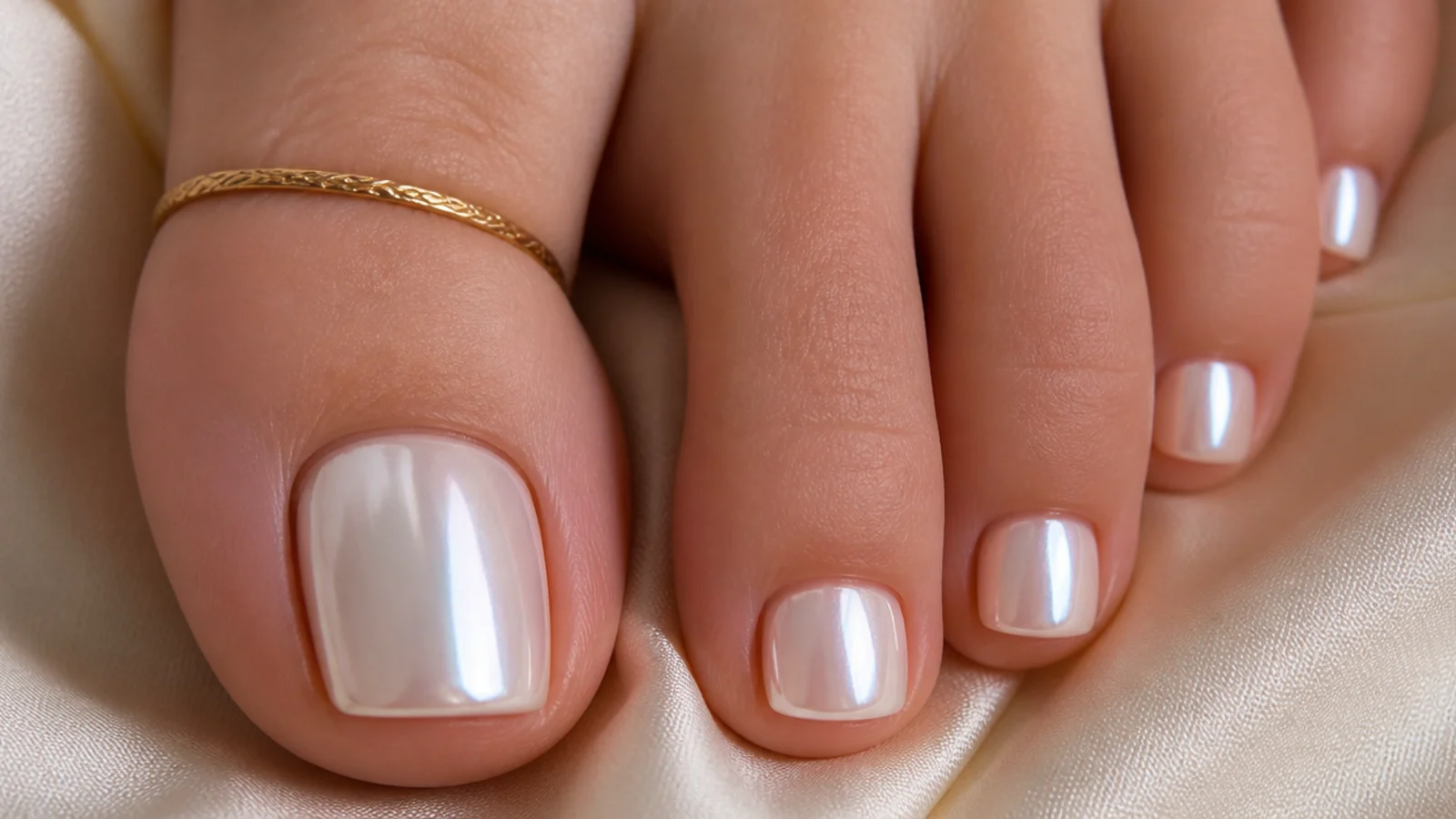 Pearl white chrome pedicure toes on a milky glazed base